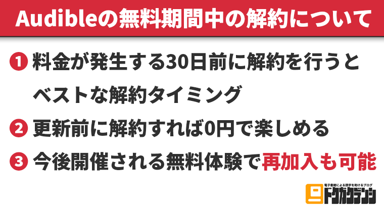 オーディブルの無料期間中の解約におけるポイント